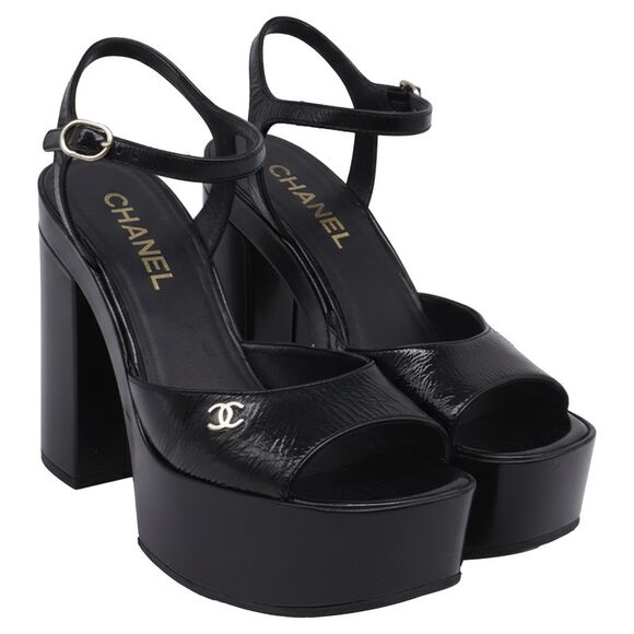 Chanel CC Ankle Strap Platform Sandals in Black Patent Leather - Picture 3 of 8